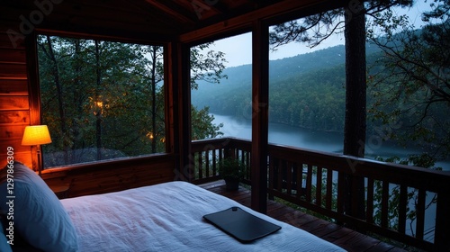 Cozy cabin bedroom view of serene river valley through wide windows on foggy day