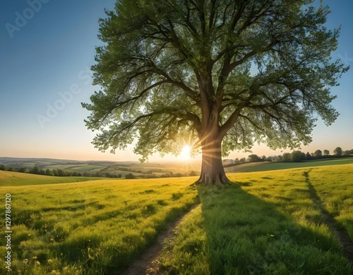The sun shining through a tree on a green meadow, a panoramic vibrant rural landscape with clear blue sky before sunset. Generative AI.
