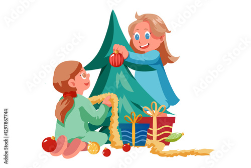 Children Decorating Christmas Tree with Ornaments Illustration