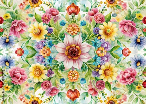 Wallpaper Mural Symmetrical floral pattern, vintage botanical watercolor art print; white background, nature's symmetry. Torontodigital.ca