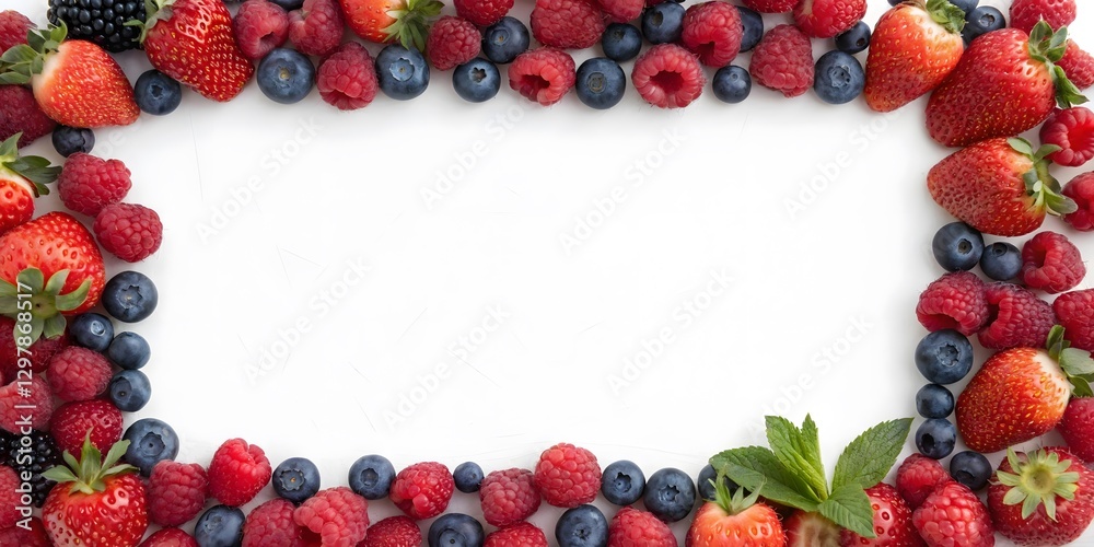 A border frame made of assorted berries, leaving the center empty for text placement A border frame made of assorted berries, leaving the center empty for text placement