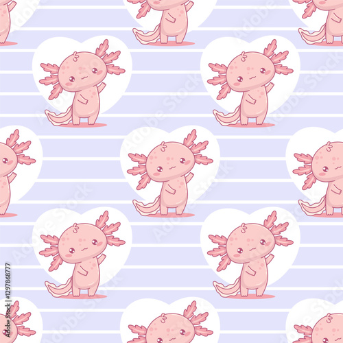 Seamless pattern with cute pink Axolotl with heart on light blue striped background. Funny Little cartoon kawaii character. Vector illustration. Kids collection