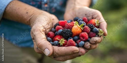 A close-up of hands holding a handful of mixed berries, evoking freshness and organic farming