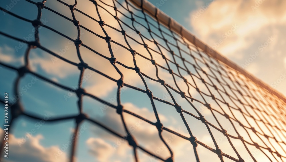 Close-up of a volleyball net against a sunset sky. Close-up of a volleyball net against a sunset sky.