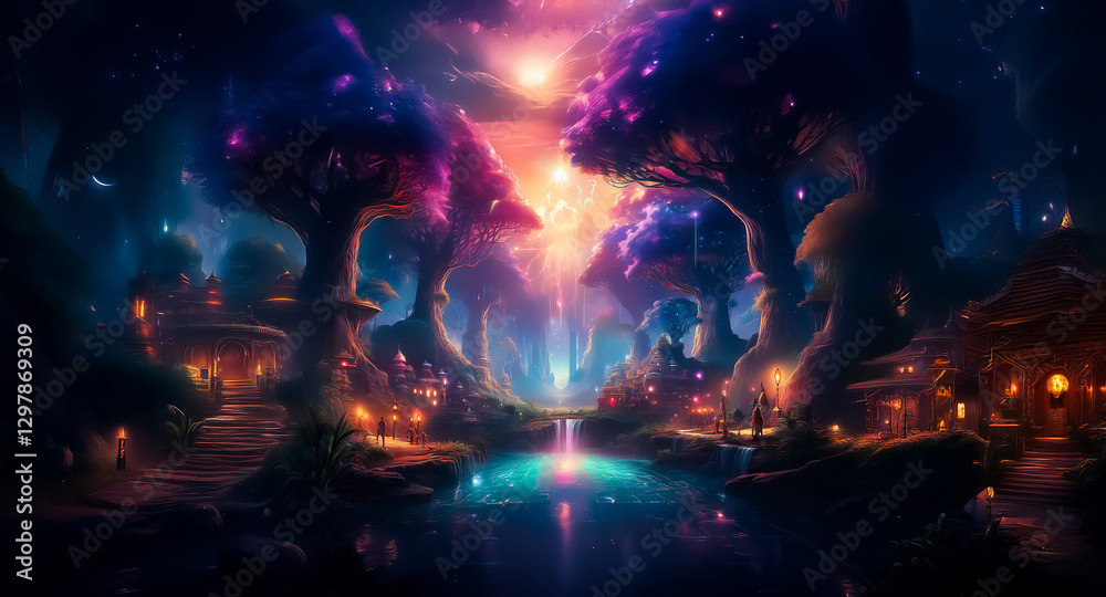 Fototapeta premium A vibrant fantasy landscape at night features glowing purple and blue trees, small houses with warm lights, and a reflective body of water. A magical, whimsical scene unfolds in this colorful, enchan