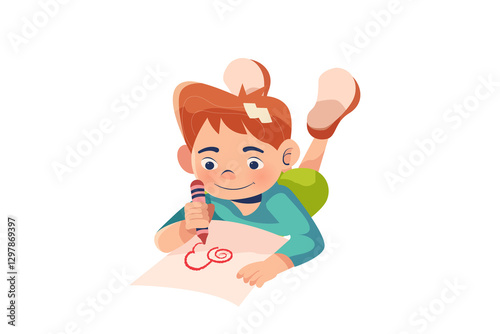 Boy Drawing with Crayon on Paper Illustration