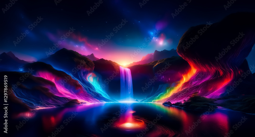 Fototapeta premium Vibrant waterfall spills into a lake at night, colorful lights illuminate a mountain landscape under a starry sky.
