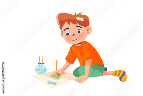 Boy Painting on Paper with Brushes Illustration