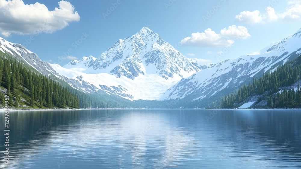 Fototapeta premium Majestic snowy mountains reflected in tranquil lake waters under sunny sky enhancing natural beauty and idyllic mountain scenery