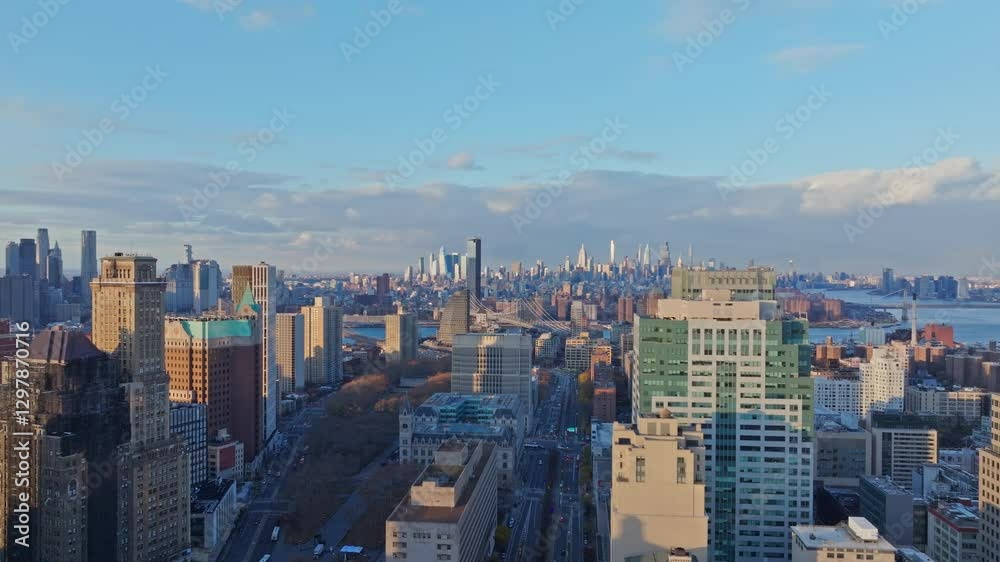 Brooklyn downtown revealing expansive NYC skyline, capturing urban architectural landscape with towering skyscrapers during bright daylight aerial perspective Brooklyn downtown revealing expansive NYC skyline, capturing urban architectural landscape with towering skyscrapers during bright daylight aerial perspective