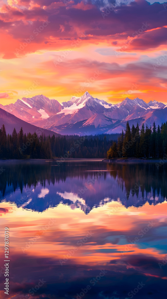 Sunset Over Serene Mountain Lake Reflecting Snow-Capped Peaks and Vibrant Sky Hues Sunset Over Serene Mountain Lake Reflecting Snow-Capped Peaks and Vibrant Sky Hues