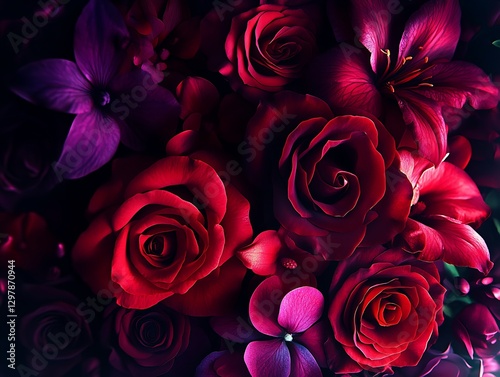 Elegant floral arrangement in shades of deep red and purple hues closeup