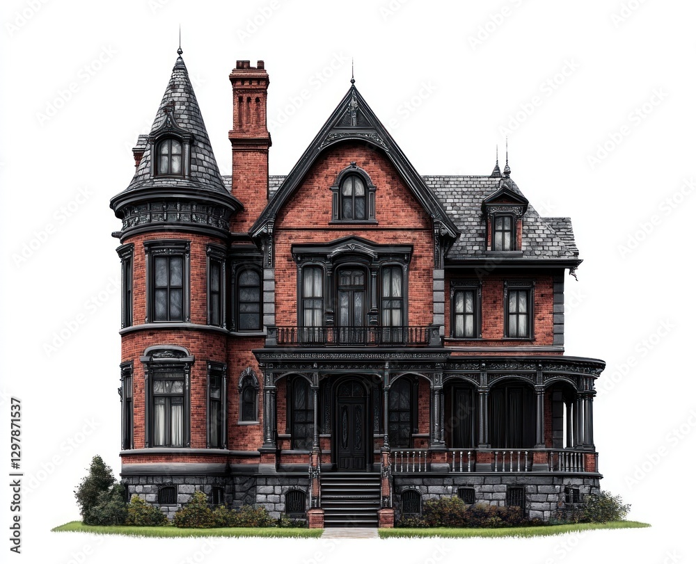 Fototapeta premium Victorian brick house isolated on white background.