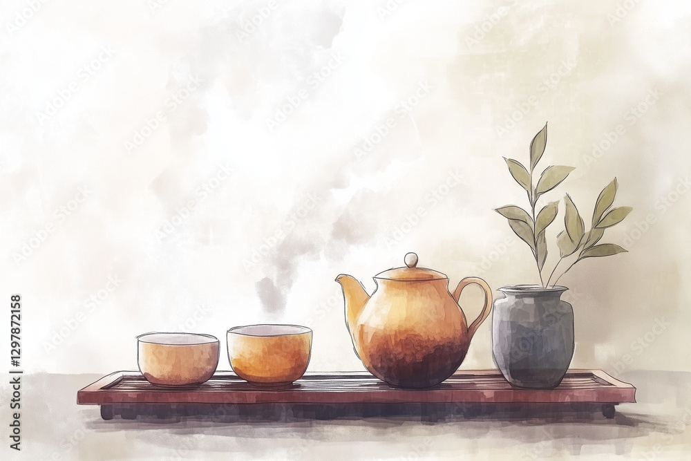 Fototapeta premium Watercolor teapot and cups with steam on white background 