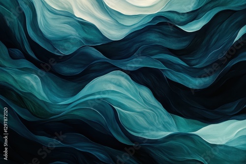 Abstract Watercolor Painting Of Teal And Blue Waves, Dynamic Fluid Motion, Dark And Light Shades, Organic Shapes, Serene And Peaceful Atmosphere