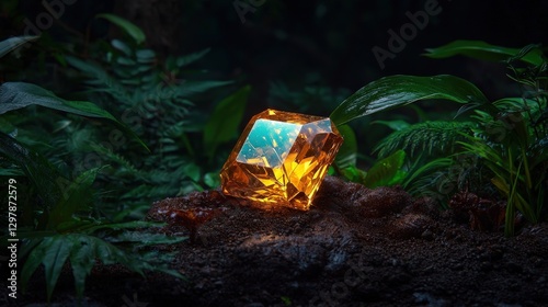 Crystal object lies on dirt in a jungle with greenery; light reflected from sides