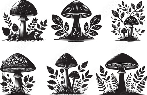 fantasy mushrooms outline coloring book page line art drawing