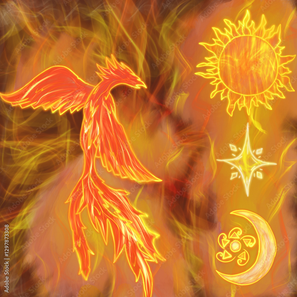 Naklejka premium Phoenix, Sun, Star and Moon