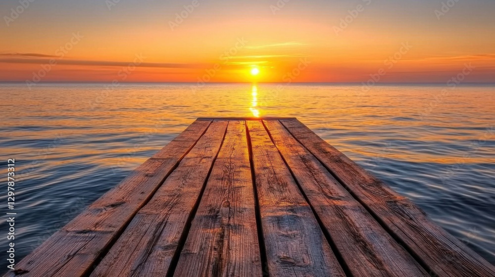 serene sunset over calm ocean with wooden dock serene sunset over calm ocean with wooden dock