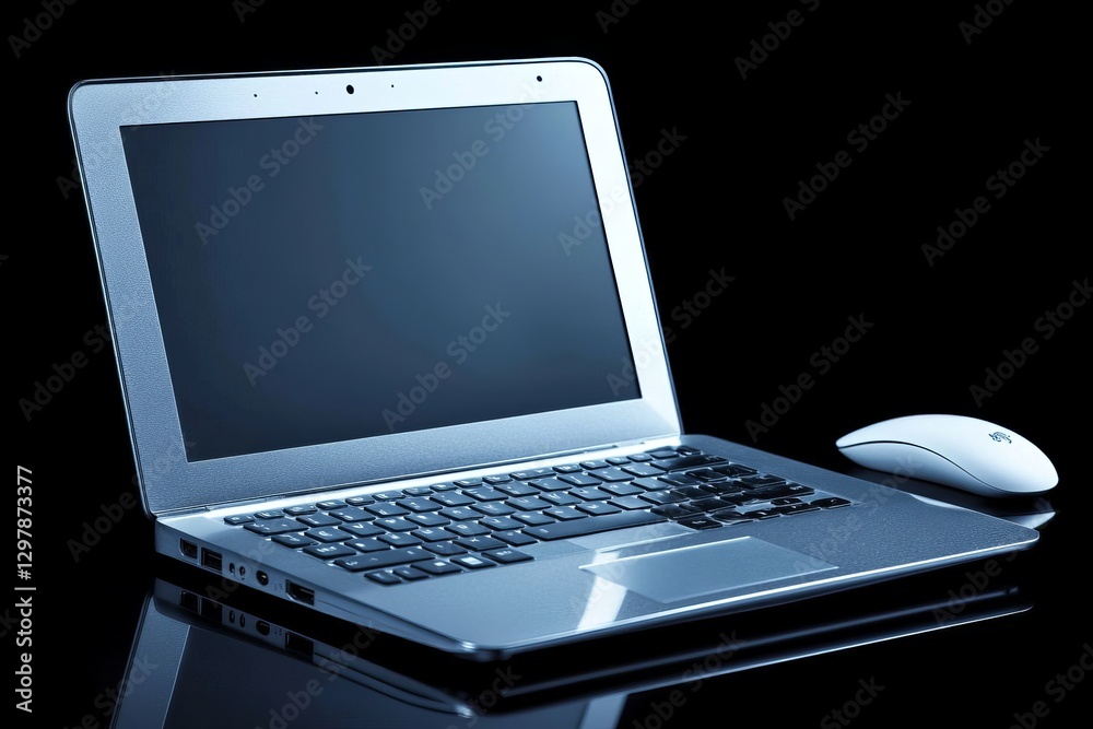Modern Laptop with Mouse on Black Background for Technology Themes Modern Laptop with Mouse on Black Background for Technology Themes
