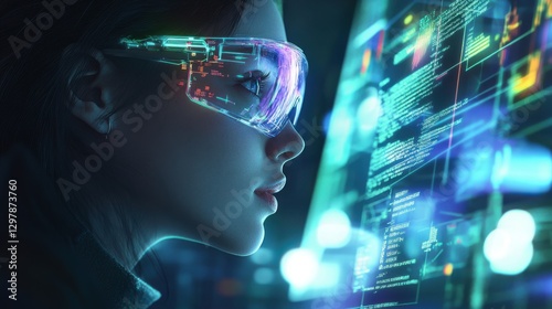 woman wearing futuristic glasses viewing digital data