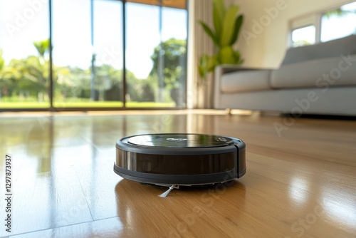 Modern Robotic Vacuum Cleaner on Wooden Floor in Bright Living Room