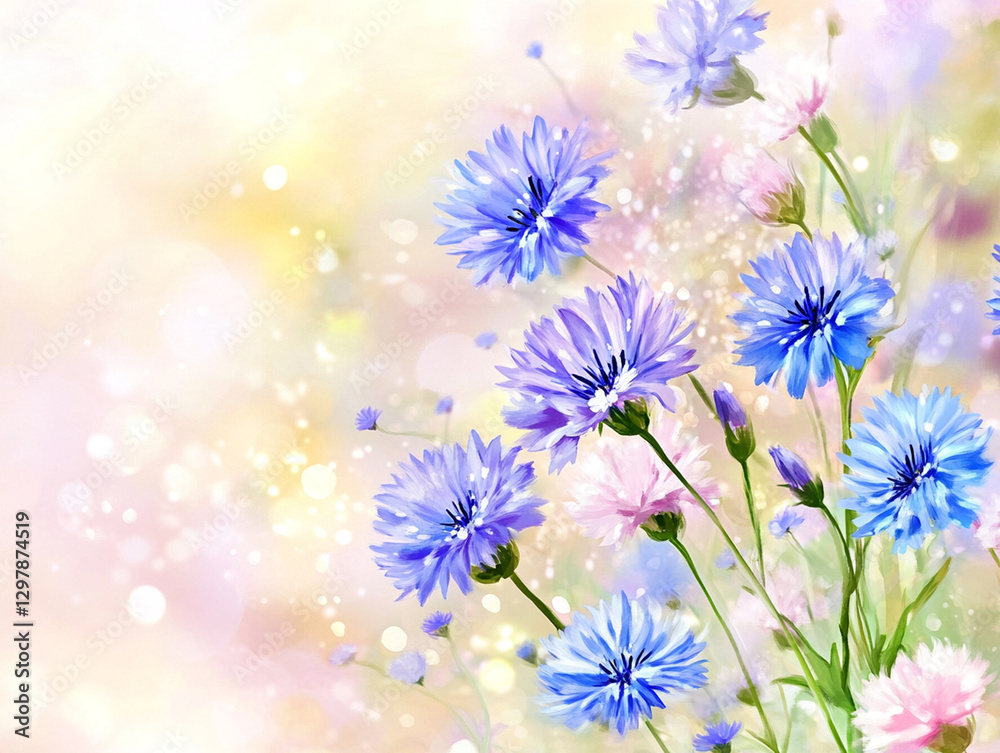 Fototapeta premium Delicate blue and pink flowers bloom vibrantly, surrounded by a soft, pastel background that enhances their natural beauty in spring