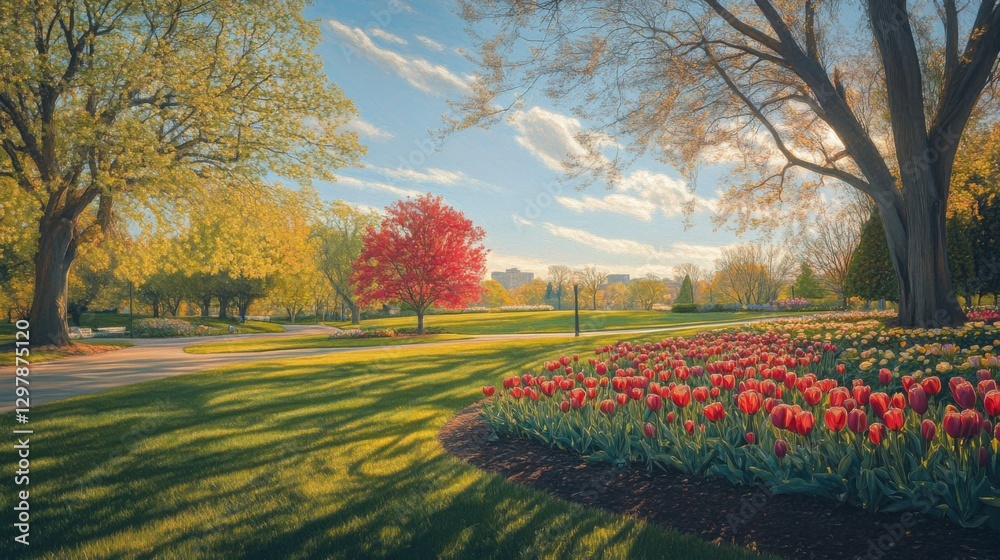 Naklejka premium springtime park scene with red tulips and colorful trees
