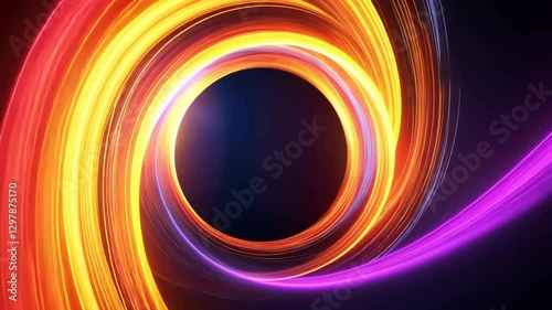 Vibrant Swirl of Colorful Light Trails Forms Dynamic Circular Pattern Against Dark Background, Creating Energetic Visual Effect with Bright Hues of Orange, Yellow, and Purple Contrasting Sharply