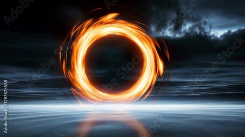 Fiery Ring Floats Above Reflective Surface Under Dramatic, Cloudy Sky, Creating Mystical and Intense Atmosphere with Surreal Elements, as Glowing Circle Contrasts with Dark, Moody Clouds