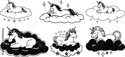 Cute unicorn resting on a cloud. coloring book