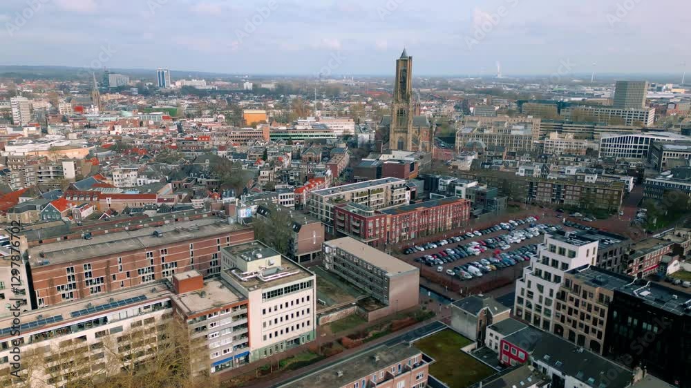 Aerial view of Arnhem showcasing the city's mix of historic and modern architecture, with the iconic Eusebius Church tower standing out. Arnhem, Gelderland, Netherlands. Aerial view of Arnhem showcasing the city's mix of historic and modern architecture, with the iconic Eusebius Church tower standing out. Arnhem, Gelderland, Netherlands.