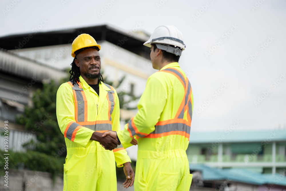 African American engineer hand shake with Caucasian engineer at container site African American engineer hand shake with Caucasian engineer at container site