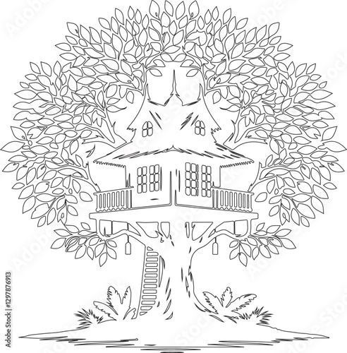 Treehouse Kids, adults coloring page book art, line art illustration coloring book 