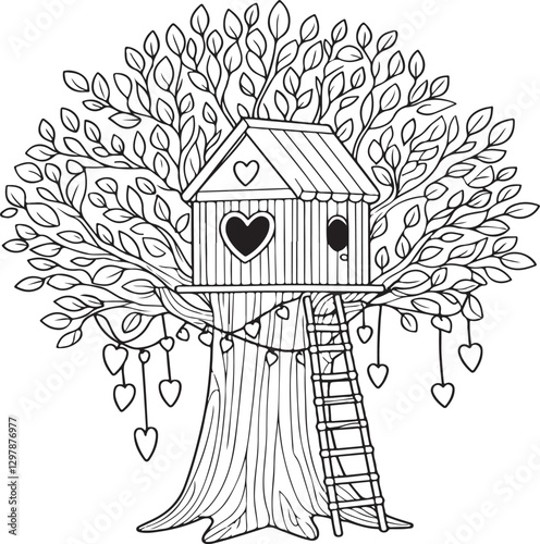 Treehouse Kids, adults coloring page book art, line art illustration coloring book 