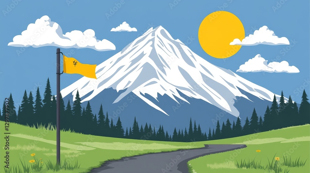 Fototapeta premium Pixelated mountain peak with snow and a road winding to the summit under bright sun minimal vector art for game design projects
