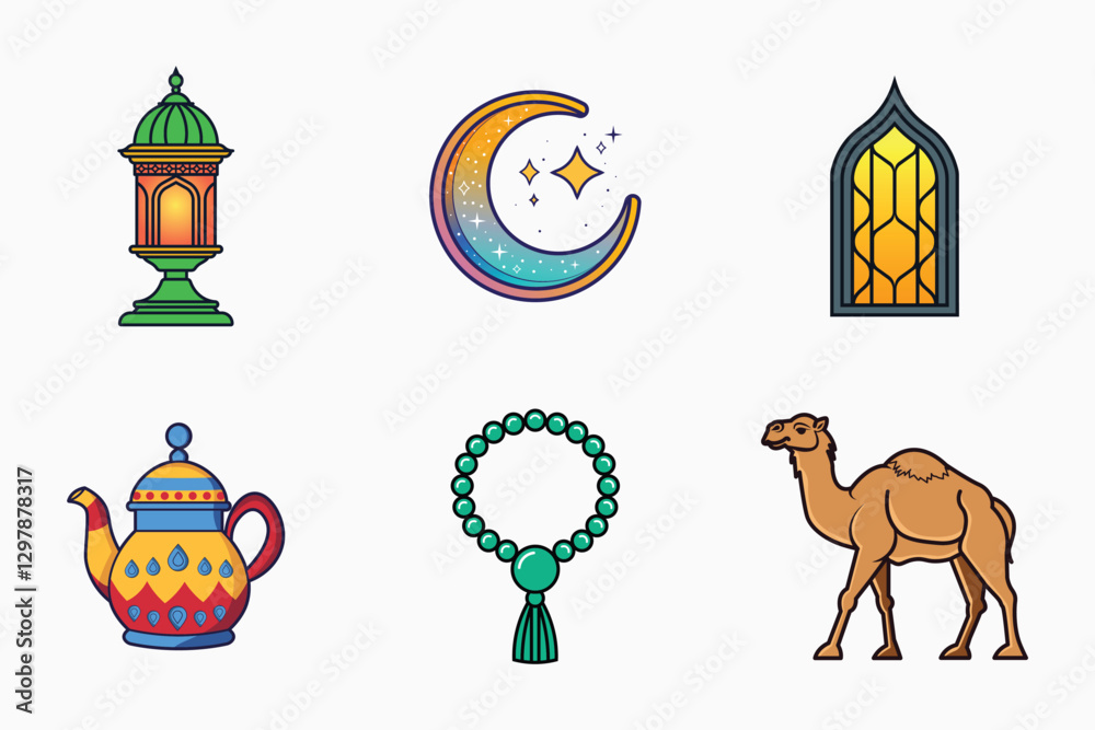 Obraz premium Islamic festival and traditional vector elements set in colorful flat isolated illustration for ramadan and eid
