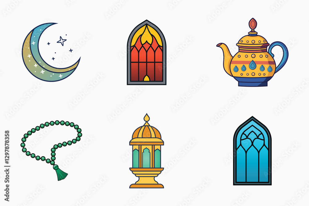Fototapeta premium Islamic festival and traditional vector elements set in colorful flat isolated illustration for ramadan and eid