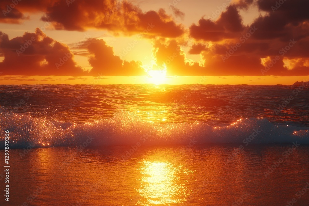 Obraz premium Fiery Sunset Over Ocean Waves