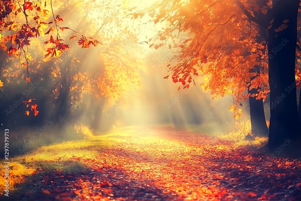 A Serene Autumn Scene with Trees in Shades of Gold and Red A Serene Autumn Scene with Trees in Shades of Gold and Red