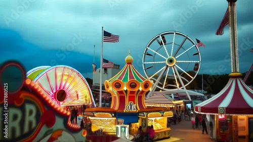 Amusement park at dusk. The sky is dark and cloudy, and the sun is setting, casting a warm glow over the scene. In the center of the image, there is a large Ferris wheel and a carnival ride.