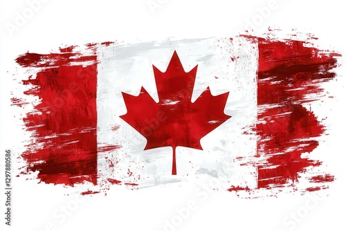 Creative Display of Canada's National Flag Using Vibrant Paint Brush Strokes Against a White Background. Generative AI