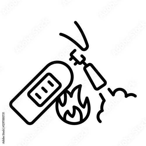 Putting out fire using a fire extinguisher, linear icon