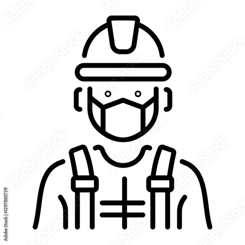 Industrial worker wearing safety gear, linear character icon