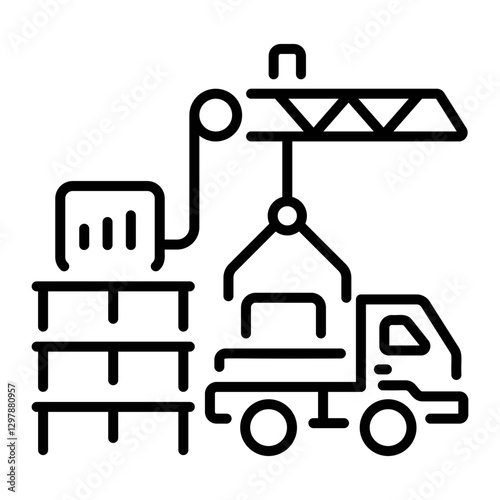 Crane loading boxes on a flatbed truck, line style icon
