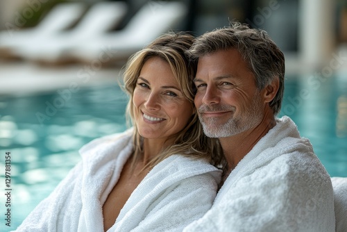 portrait of y caucasian couple 55 years old in white bathrobe on pool background, vacation, spa