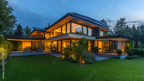 Luxury modern home at dusk. Warm interior lights glow invitingly against the twilight sky.