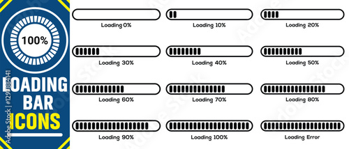 set of loading bar icons. Loading Bar Set.  Progress bar loading signs.Percentage loading bar infographic icon set. Collection of loading and buffering symbols for websites, app, logo.