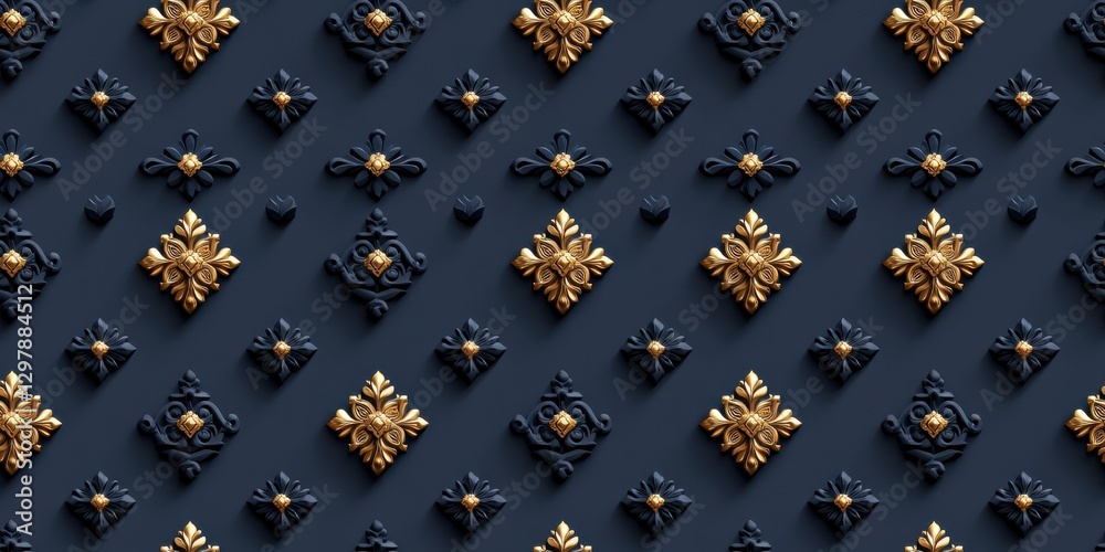 Fototapeta premium Intricate gold designs adorn a dark blue background, creating an elegant and textured pattern. Seamless Pattern Concept.