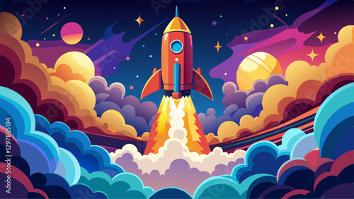 A rocket lifts off powerfully, surrounded by clouds of smoke and flames, representing human innovation, ambition, and the relentless pursuit of exploration into the 